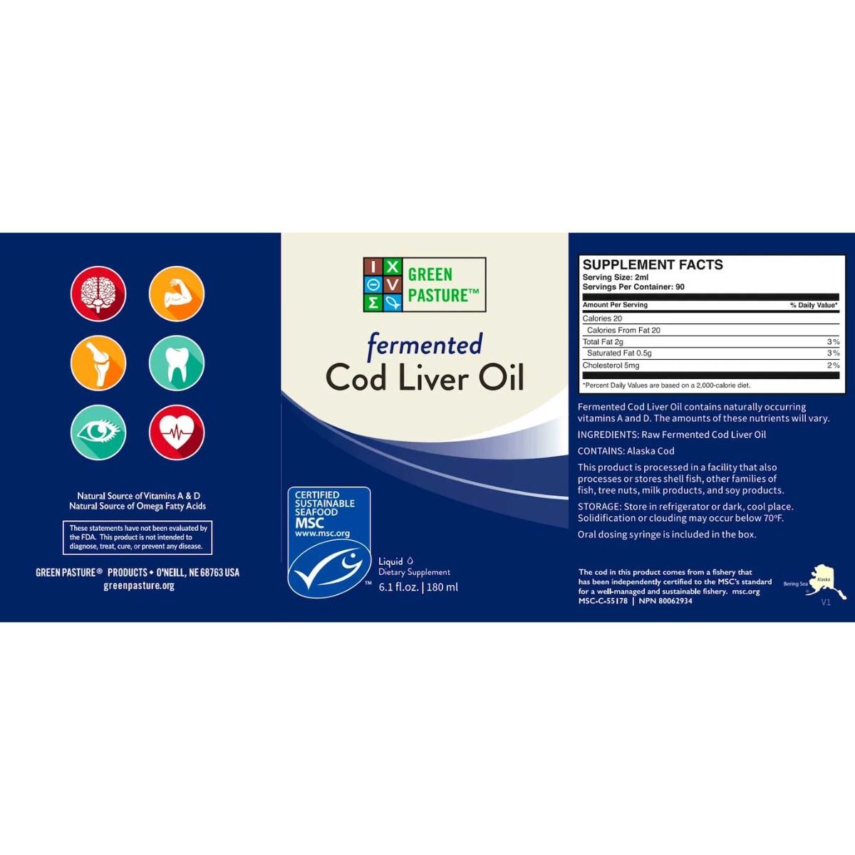 Green Pasture - Blue Ice Fermented Cod Liver Oil Unflavoured 180ml